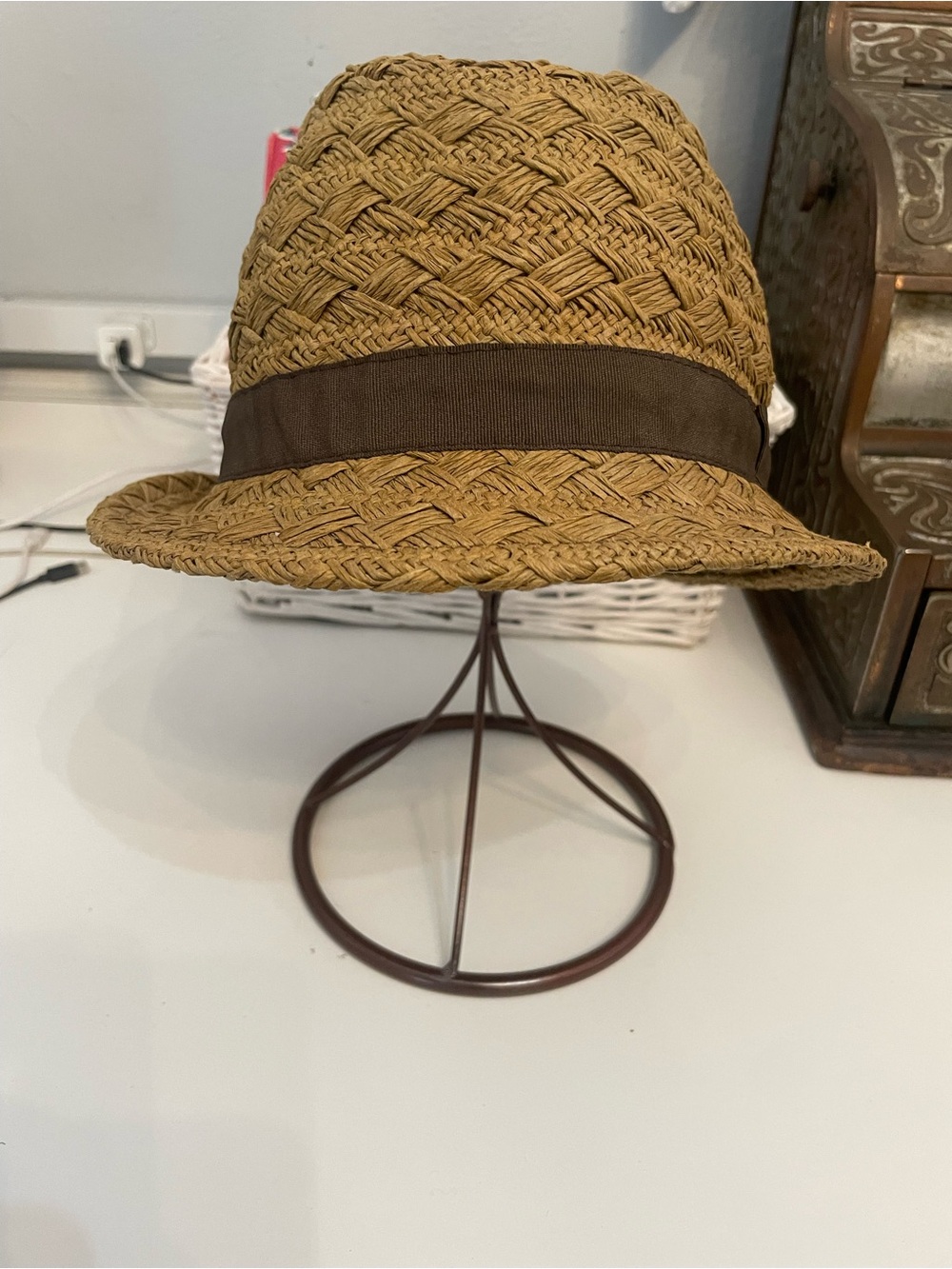 Woven Straw Fedora with Brown Band - Tan, foldable great for vacations.